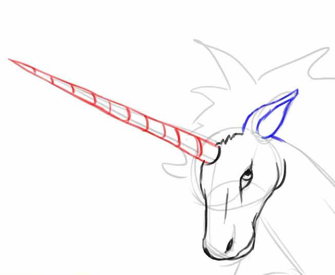 Как нарисовать единорога карандашом - Нарисуйте длинную заостренную форму для рога с кривыми линиями вокруг него.