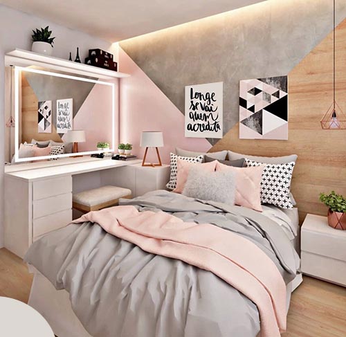 Еще одно хорошее сочетание цветов - розовый, серый и черный. Отлично подойдет для офрмления комнаты девочки подростка.